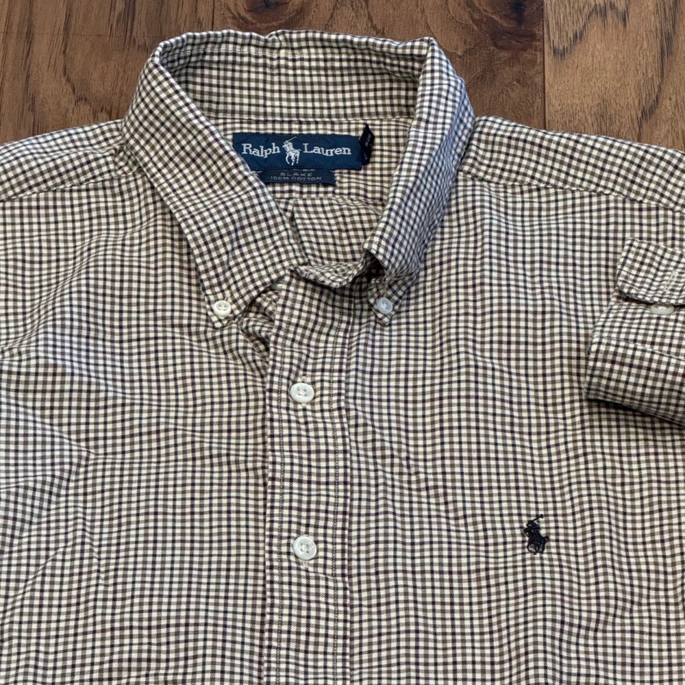 Ralph Lauren Blake Mens XL Brown Navy Micro Check Cotton Button Down Shirt